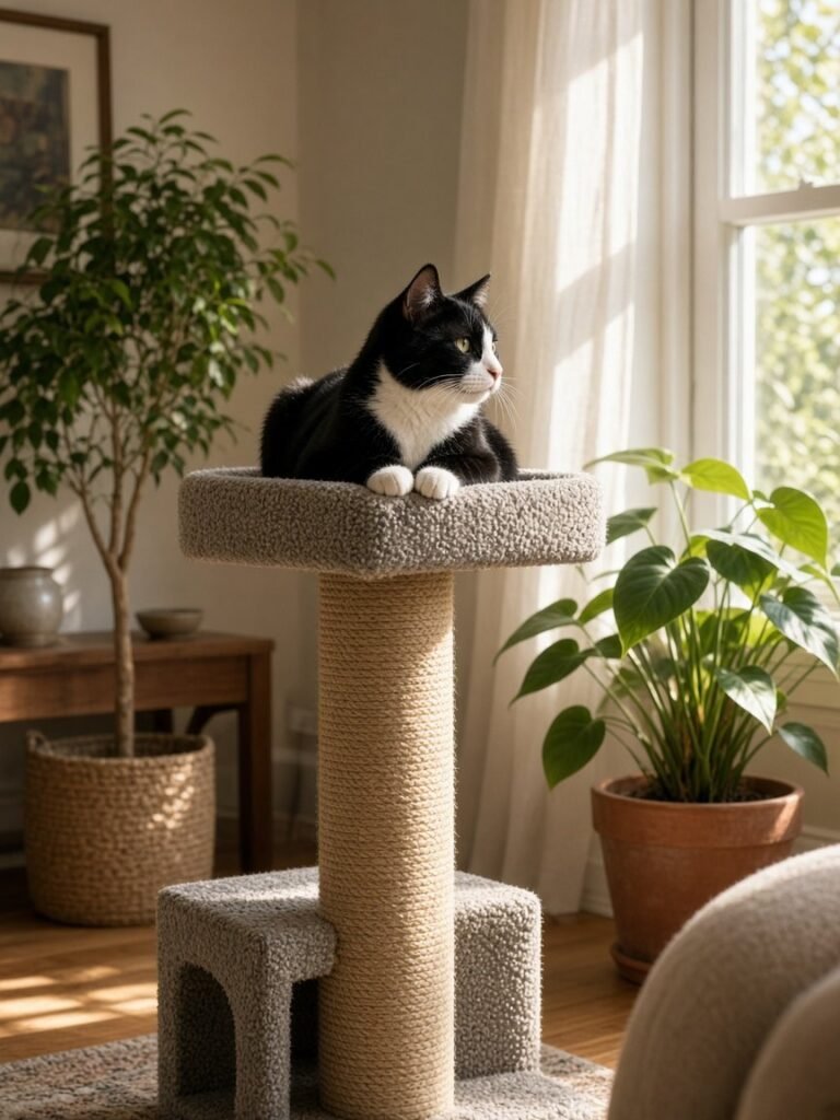 A tuxedo cat resting on top of a sisal cat tree
