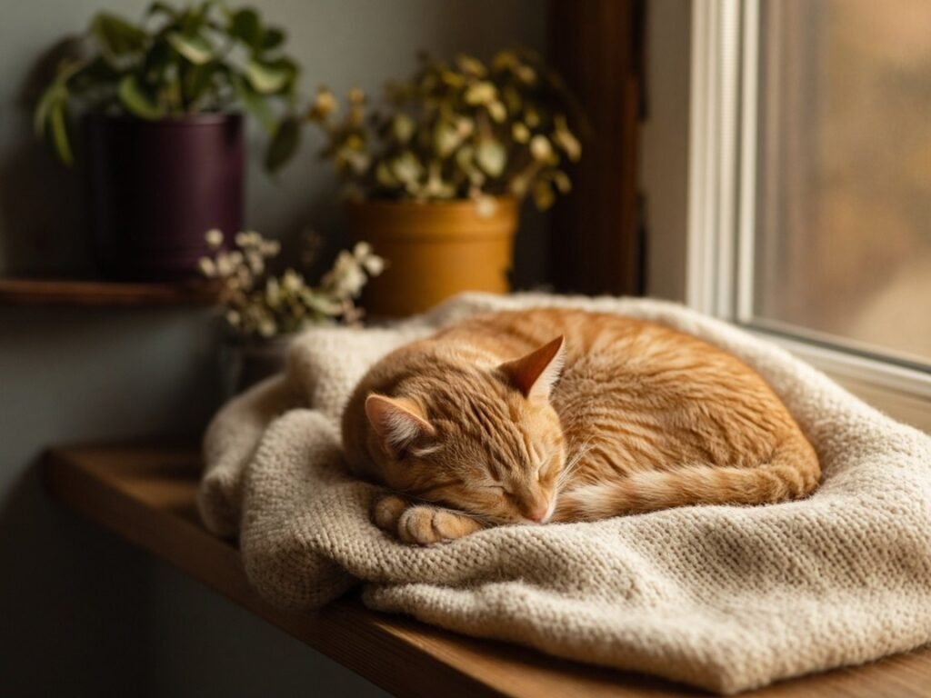 A ginger cat asleep on a wool blanket by a window