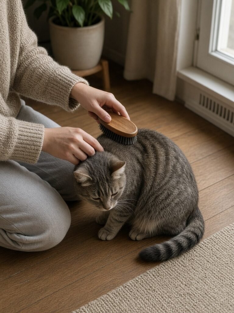 Hands brushing a grey tabby cat on a wooden floor